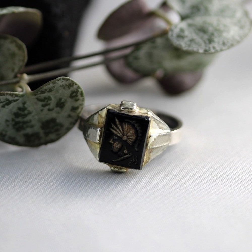 Vintage Sterling Silver Roman Soldier Cameo Ring Adjustable Size 6-7 Signet - Picture 1 of 9